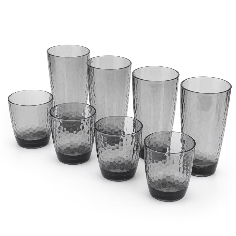 Hammered 15 Ounce and 26 Ounce Plastic Tumbler Acrylic Drinking Glasses, Set of 8 Grey